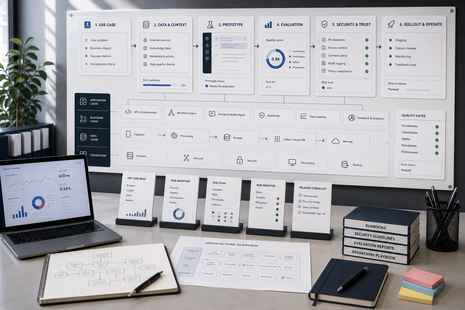 Technical AI delivery board with product, data, evaluation, security and rollout blocks