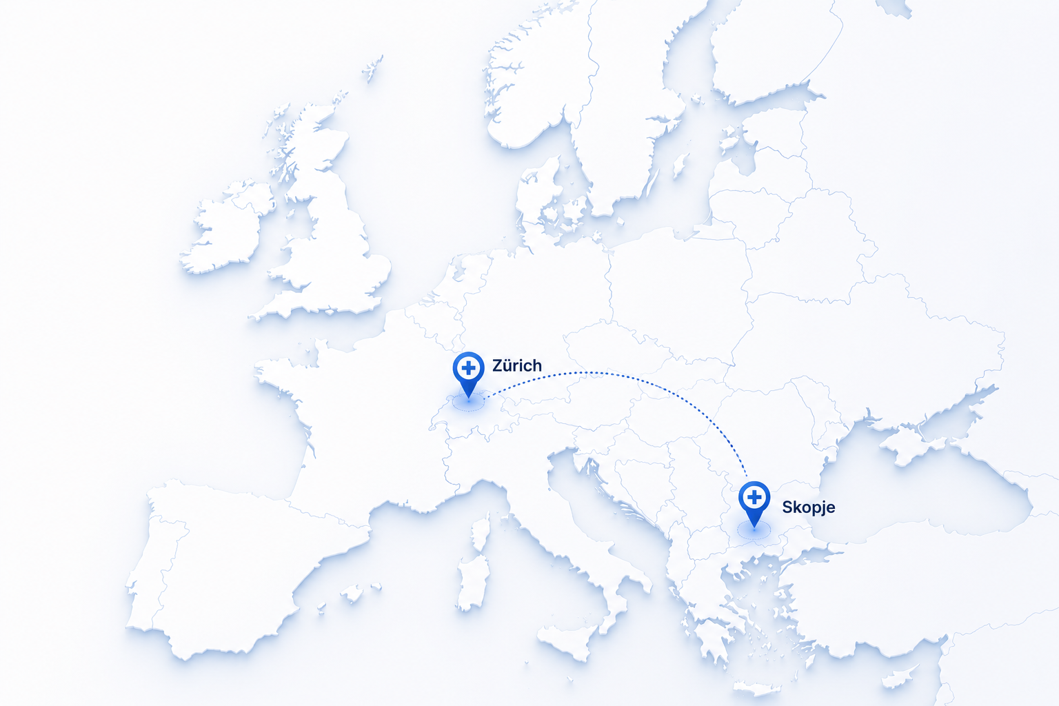 Karte von Europa mit Verbindung zwischen Zürich und Skopje