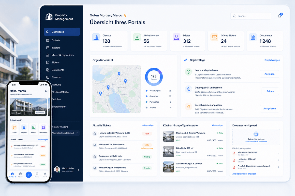 AI Property Management Portal mit Immobilienobjekten, Inseraten, Tickets und Analyseansicht