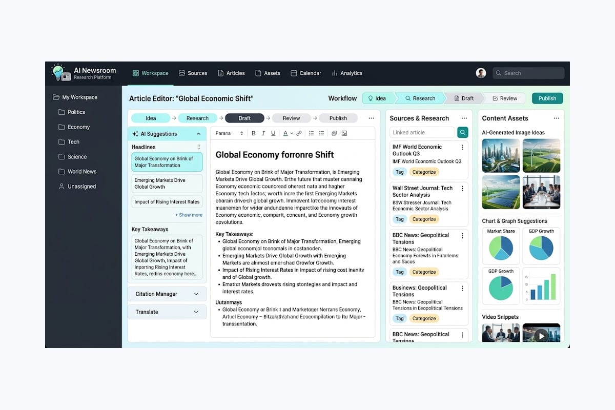AI Newsroom Research Platform mit Artikel-Editor, Quellenverwaltung, Content Assets und Analytics