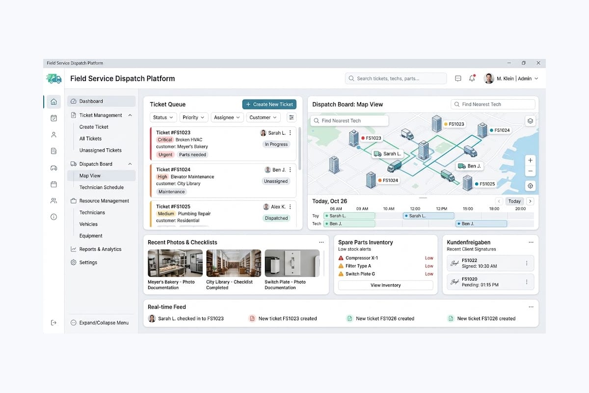Field Service Dispatch Platform mit Ticket Queue, Kartenplanung, Ersatzteilbestand und Live Feed