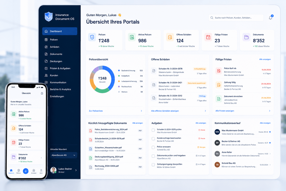 Insurance Management Software mit Policen, Dokumentensuche, Fristen und Broker Dashboard