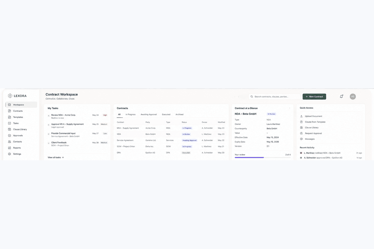 Legal Contract Workspace mit Vertragsrepository, Redlining, Fristen und Collaboration Workflow