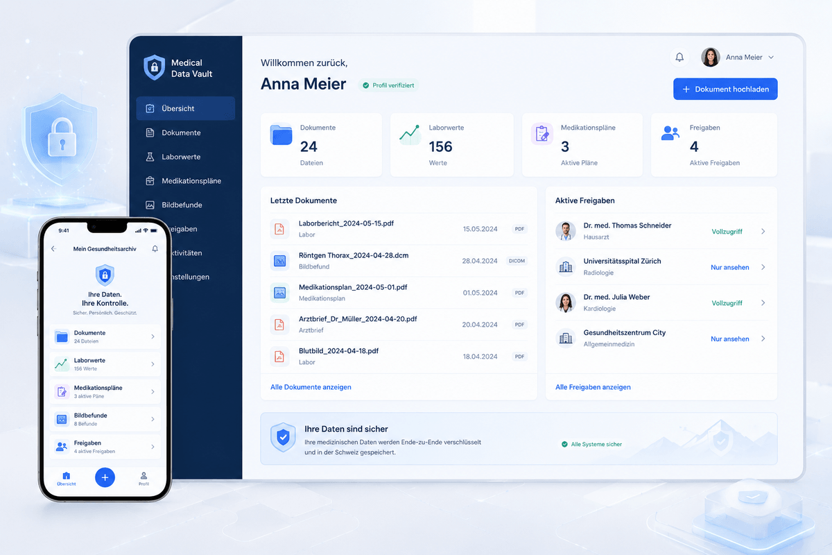 Dashboard einer sicheren Medical Data Vault App mit Gesundheitsdaten, Dokumenten und Analysemodulen